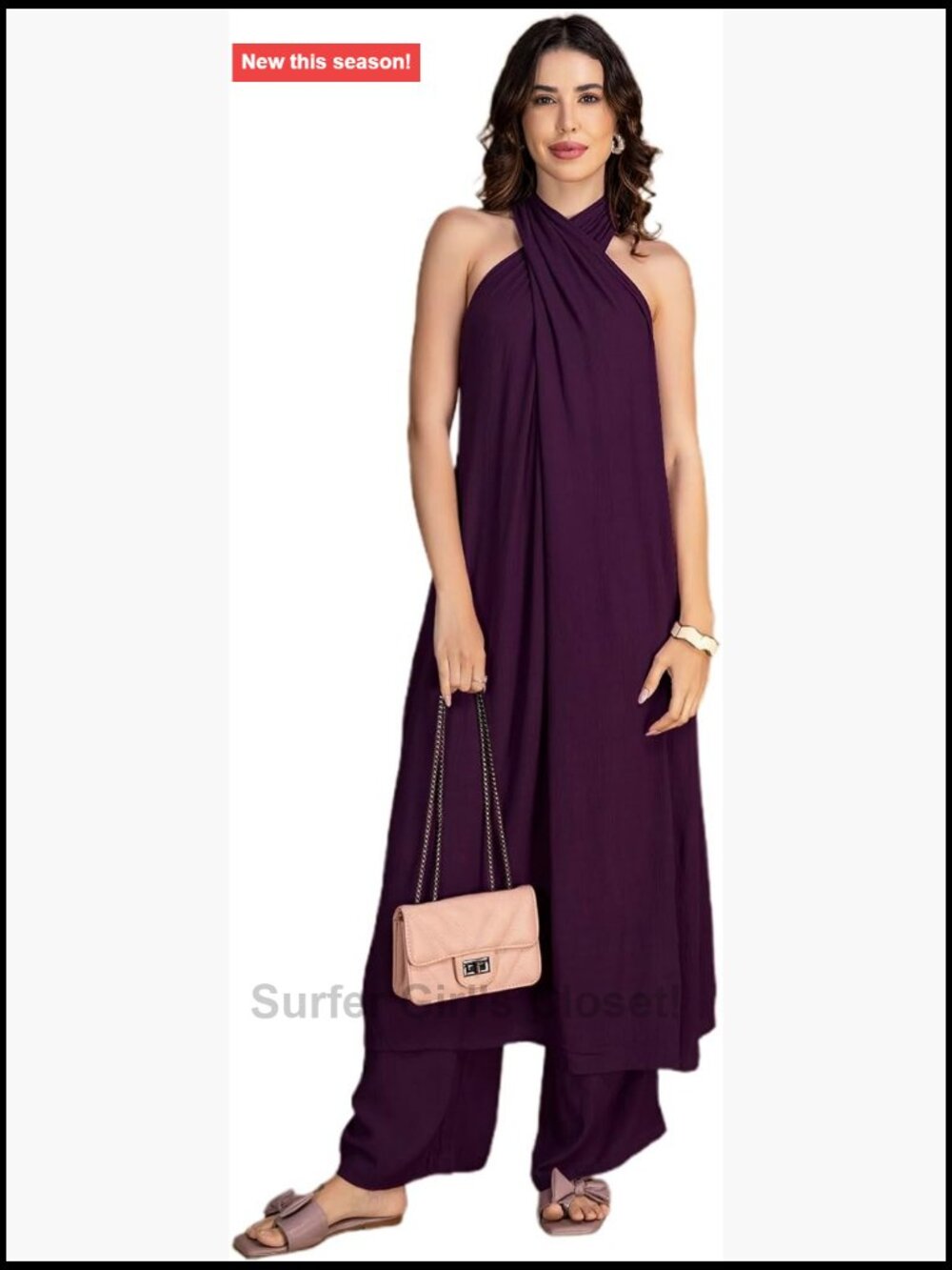 Indo-Western 2 Pc Set Rayon Halter Kurta Palazzo Pants Indian Wear
